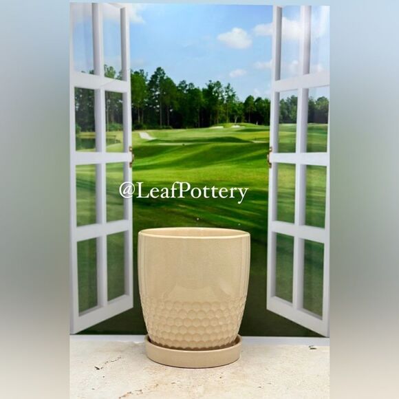 Honeycomb Beige Ceramic Planter Pot with Saucer Attached - Picture 6 of 9